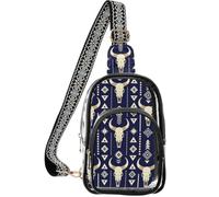 Marsupio trasparente per gli amanti del festival con tasche multiple | Tessuto in poliestere, conforme alle regole di sicurezza, leggero, portatile, blu navy con teschio di toro azteco geo