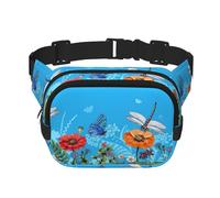 Marsupio unisex regolabile a doppio strato con libellula e fiore, per attività all'aperto, viaggi, corsa, escursionismo, Nero , Taglia unica