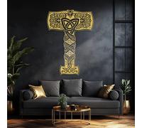 Martello Vichingo Thor Mjolnir in Metallo, Decorazione da Parete nordica con Nodo Celtico, Decorazione da Parete in Ferro con Mitologia norrena per Soggiorno (Oro, 140x100 cm)