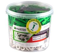 Marten Klin Sistema di livellamento per piastrelle Clip Spessore piastrella 7-15 mm Larghezza malta 1 mm 1,5 mm 2 mm 3 mm Pinze (1MM, 250 linguette + 100 cunei + 1 pinza)