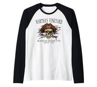 Martha's Vineyard MA Pirate Skull Since 1642 Nero Maglia con Maniche Raglan