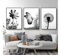 Martin Kench Set di 3 poster estetici in bianco e nero farfalla fiore dente di leone, set di immagini moderne da parete per soggiorno, camera da letto, decorazione da parete senza cornice