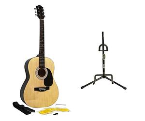 Martin Smith Chitarra acustica con corde, plettri e tracolla per chitarra, Naturale & Rockjam Universal Portable Guitar Guitar Stand per chitarra acustica, chitarra elettrica e chitarra basso