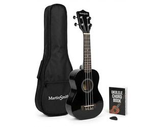 Martin Smith Ukulele Soprano 21 Pollici Starter Set, Nero, Uke Acustico 4 Corde per Bambini e Adulti con Custodia e Libro Accordi