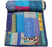 Marusthali Copriletto indiano, copriletto, copriletto e patchwork, in seta, stile sari, stile vintage bohémien, patola, copriletto kantha (blu, California King)