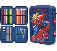 Marvel Astuccio a due piani pieno di cancelleria per bambini, Blu Scuro Spiderman Doppia Zip, moderno