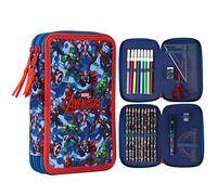 Marvel Astuccio Scuola Porta Penne Completo di Set Cancelleria Astuccio 3 Scomparti Bambino e 2 Scomparti Gadget Spiderman Avengers Ufficiale Regalo Back to School (Avengers Blu/Rosso)