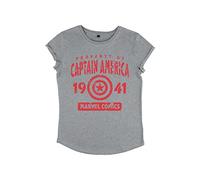 Marvel Avengers Classic-Maglietta a Maniche Corte da Donna Captains Property Rolled T-Shirt, Grigio Melange