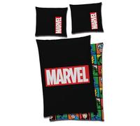 Marvel - Biancheria da letto con logo 135 x 200 + 80 x 80 cm, 100% cotone linon/rinforzato, copripiumino MCU Comics Iron Man Hulk Thor Captain America Spider Man con chiusura lampo nera
