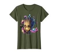 Marvel Guardiani della Galassia Groot Flowers Graphic T-Shirt Maglietta, Donna, Oliva, M