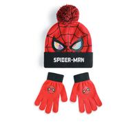 Marvel Set berretto e guanti per ragazzi di Spiderman | Cappello invernale lavorato a maglia rosso e nero con occhi di Spiderman e ragnatela | Cappello con pompon per bambini taglia unica