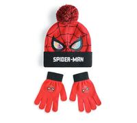 Marvel Set berretto e guanti per ragazzi di Spiderman | Cappello invernale lavorato a maglia rosso e nero con occhi di Spiderman e ragnatela | Cappello con pompon per bambini taglia unica