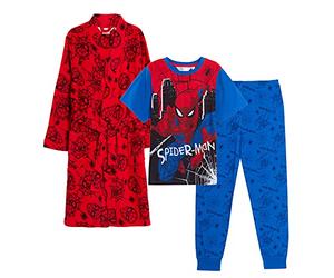 Marvel Set di vestaglia e pigiama per ragazzi Spiderman per bambini abbinati 3 pezzi da notte accappatoio + Pjs per ragazzi Pjs, Rosso, 5-6 Anni