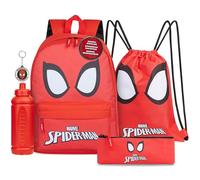 Marvel Zainetto Bambino Set, 5 Pezzi con Zaino, Borsa Morbida, Astuccio, Borraccia & Portachiavi (Rosso Spiderman)