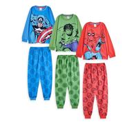 Marvel Set Pigiami per Ragazzi, Confezione da 3 | Top a Maniche Lunghe con Grafica Spiderman Hulk e Captian America per Bambini e Pantaloni Pigiama a Gamba Lunga in Rosso Verde e Blu