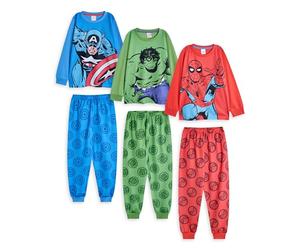 Marvel Set Pigiami per Ragazzi, Confezione da 3 | Top a Maniche Lunghe con Grafica Spiderman Hulk e Captian America per Bambini e Pantaloni Pigiama a Gamba Lunga in Rosso Verde e Blu