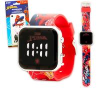 Marvel Spiderman Orologio per ragazzi - Bundle orologio digitale LED per bambini con cinturino supereroe e adesivi, facile da leggere Spiderman orologio da polso per bambini