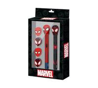 Marvel Spiderman Peter-Confezione di Penna a Gel Cancellabile + Matita Eterna + 4 Gomme, Nero, 14 x 23 cm