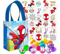 Marvel Spidey and His Amazing Friends - Set di 12 uova di Pasqua in plastica riempibili, 70 tatuaggi, 45+ tatuaggi primaverili, mini borsa per cestino | Spidey and Friends Easter Hunt Set