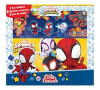 Marvel Spidey et Ses Amis Extraordinaires Colle à l’histoire - Livre cartonné de 16 pages, 8 figurines à ventouse, 2 jeux de société, 1 grand plateau de jeu recto verso, fermeture velcro, coffret