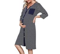 Marvmys Camicia da Notte Donna Premaman Cotone Pigiama Allattamento Manica 3/4 a Righe Camicie Notti Parto Ospedale con Bottoni