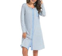 Marvmys Camicia Notte Donna Cotone Corta Cardigan con Scollo V Bottoni Donna Adatto Leggero e Confortevole per Il Parto Ospedaliero Quotidiano per L'Allattamento Seno Blu-Manica Lunga XL