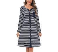 Marvmys Camicia Notte Donna Cotone Corta Cardigan con Scollo V Bottoni Donna Adatto Leggero e Confortevole per Il Parto Ospedaliero Quotidiano per L'Allattamento Seno Blu Marino-Manica Lunga S