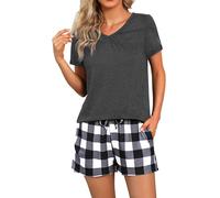 Marvmys Pigiama Donna Cotone Corto Estivo Pigiami Donna Due Pezzi | Pantaloncini Scozzesi con Tasche Casual da Casa