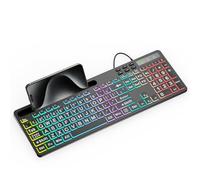 MARVO Tastiera retroilluminata con stampa grande, tastiera per computer cablata WK712 con 7 colori e 11 modalità di retroilluminazione, tastiera silenziosa con supporto per tablet e telefono, tastiera