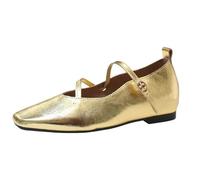 Mary Jane - Ballerine da donna con cinturino a tacco basso, senza lacci, punta chiusa, alla moda, con punta quadrata, leggere, comode, scarpe da passeggio casual, con fibbia, Oro, 37 1/3 EU
