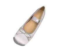 Mary Jane - Ballerine da donna, eleganti, con suola morbida, comode, con cinturino alla caviglia, punta rotonda, leggere, traspiranti, estive, con fiocco, scarpe estive, argento, 38 EU