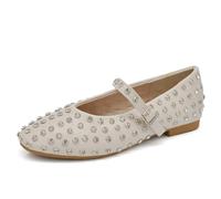 Mary Jane Ballerine Scarpe da Donna con Cinturino Borchie e Strass Brillantini Punta Tonda in Pelle Sintetica H90 Beige N.38