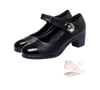 Mary Jane Dress Shoes Women's Pumps Low Chunky Block Closed Toe Shoes Ankle Strap Leather Casual Comfort with Arch Support, Nero , 35 EU