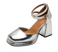 Mary Jane Scarpe Donna Tacco Largo Cinturino alla Caviglia Décolleté da Donna Punta Quadrata Scarpe da Sera per la Sposa Ideale per Ballo di fine Anno, Festa Argento 37 EU