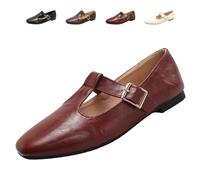 Mary Jane Shoes for Women,Classic T-Strap Ballet Flats Comfy PU Pointed Toe Penny Loafers for Women Work Dressy Casual Everyday, bordeaux, 37 EU
