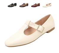 Mary Jane Shoes for Women,Classic T-Strap Ballet Flats Comfy PU Pointed Toe Penny Loafers for Women Work Dressy Casual Everyday, beige., 38 EU