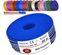 MAS Premium Cavo da 5 a 100 m H07 V-K 1 x 1,5 mm² SW HBL GNGE GN RT DBL BR OR GR WS VIO U-MAR.BL RS RTWS DBLWS o GE singolo, flessibile (blu scuro e bianco, 50 m)