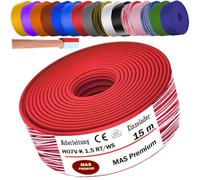 MAS Premium Cavo da 5 a 100 m H07 V-K 1 x 1,5 mm² SW HBL GNGE GN RT DBL BR OR GR WS VIO U-MAR.BL RS RTWS DBLWS o GE singolo, flessibile (rosso/bianco, 15 m)
