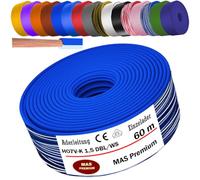 MAS Premium Conduttore H07 V-K 1 x 1,5 mm² SW HBL GNGE GN RT DBL BR OR GR WS VIO U-MAR.BL RS RTWS DBLWS o GE cavo singolo flessibile da 5 a 100 m (blu scuro e bianco, 60 m)