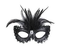 Maschera baronessa nera lucida con gemma, finitura in perline e paillettes e piume da donna
