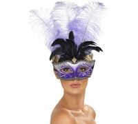 Maschera Colombiana Viola Con Piuma Di Struzzo Deluxe Per Pantomima Opera