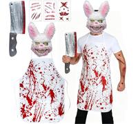 Maschera Coniglio Horror, Maschera di Coniglio Insanguinato Horror, Maschere di Halloween Spaventosa con Coltello Finto, Tatuaggi, Grembiule Insanguinato, per Halloween Carnevale Festa Cosplay
