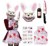 Maschera coniglio sanguinoso,Maschera di Peluche con Coniglietto Spaventoso Grembiule Insanguinato,Tatuaggio Temporaneo,Coltello di Horrorm, per Halloween Carnevale Festa in Costume Cosplay Mascherata