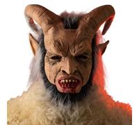 Maschera da diavolo Krampus Deluxe in lattice con corna - Marrone Nero Grusel Maschera con pelliccia sintetica per Halloween & Crampo