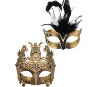 Maschera da donna con piume d'oro e maschera da uomo guerriero greco Maschere da coppia in maschera veneziana, per Mardi Gras/festa/ballo ballo