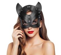 Maschera da donna da gatto in pelle nera, maschera da volpe per feste in maschera, accessorio per costume a metà viso per Halloween e cosplay, cinturino regolabile per la testa, stile misterioso per