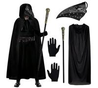 Maschera dei medici della peste, accessori per costumi di Halloween con maschera steampunk da uccello dal naso lungo, guanti neri, scettro, mantello con cappuccio