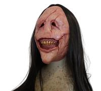 Maschera di Halloween Spaventosa Grena inquietante Grenge Smiling Red Scar Face Maschera Demone con Capelli Lunghi Neri Lattice Veristica del malvagio Scream per Cosplay Costumi di Halloween, Accesso