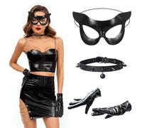 Maschera Donna, Maschera da Gatto Nera Guanti Girocollo per Halloween, Mezza Maschera Gatto Donna, 3 Pezzi Accessori per Halloween Carnevale Mascherina Cosplay Festa