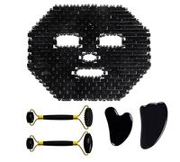 Maschera for il viso in ossidiana naturale Rullo for massaggio for la cura del viso Gua Sha Board Strumenti for la cura del rilassamento degli occhi di cristallo nero, set 6 in 1 Collezioni di casa (